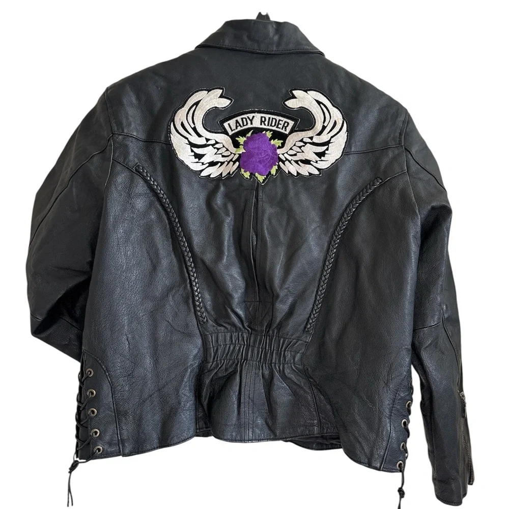 Vintage Leather Jacket Biker Black Braided Motorcycle Women’s Size M Crop Corset